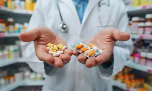 Farmaceuta trzyma w dłoniach tabletki i kapsułki w blistrze.