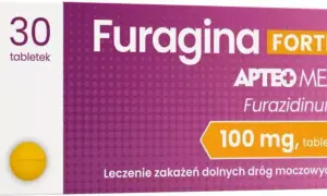 Opakowanie Furagina Forte 100 mg, 30 tabletek. Leczenie zakażeń dróg moczowych. Informacje o furagina forte dawkowanie na opakowaniu.