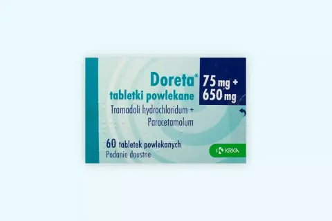 Opakowanie leku Doreta na ból, zawiera 60 tabletek powlekanych tramadolu i paracetamolu.