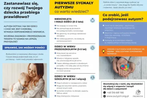 Jak zdiagnozować ADHD? Ulotka przedstawia sygnały autyzmu u dzieci w różnym wieku i podpowiada, co robić, gdy masz podejrzenia.