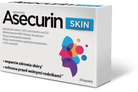Asecurin Skin to suplement diety wspierający zdrowie skóry i chroniący przed wolnymi rodnikami.