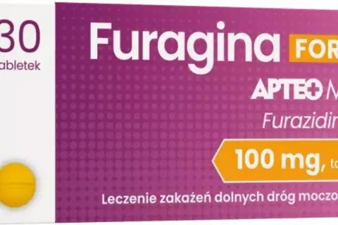 Opakowanie Furagina Forte 100 mg, 30 tabletek. Leczenie zakażeń dróg moczowych. Informacje o furagina forte dawkowanie na opakowaniu.