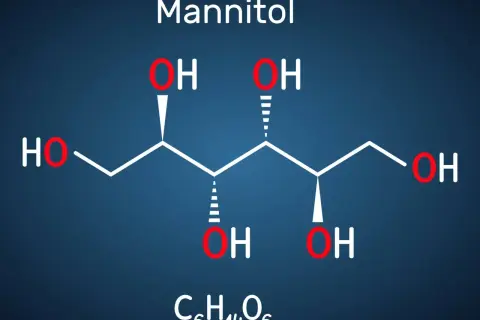 Struktura chemiczna mannitolu, cukrolu C₆H₁₄O₆. Wiele grup hydroksylowych (-OH) sprawia, że jest on higroskopijny, czyli mantusil na co go potrzebujemy.