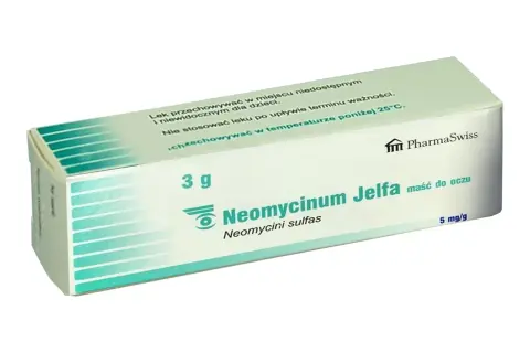Opakowanie maści do oczu z antybiotykiem Neomycinum Jelfa. Lek zawiera neomycyny sulfas, 5 mg/g.