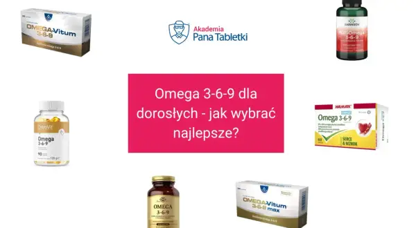 Różne suplementy diety z kwasami omega 3-6-9, w tym OMEGA-Vitum, Swanson MultiOmega, OstroVit Omega 3-6-9, Walmark Omega 3-6-9 i Solgar Omega 3-6-9.