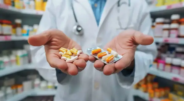 Farmaceuta trzyma w dłoniach tabletki i kapsułki w blistrze.