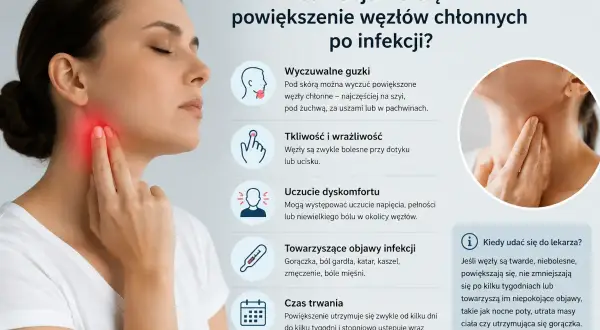 Kobieta dotyka szyi, gdzie widoczne jest zaczerwienienie, wskazujące na powiększone węzły chłonne szyi z jednej strony.