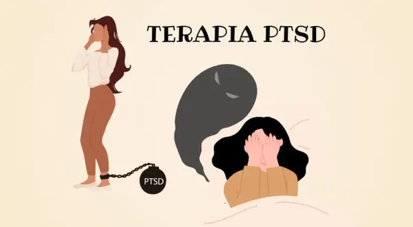 Kobieta z łańcuchem PTSD na nodze i druga w łóżku, zakrywająca twarz przed cieniem. Terapia PTSD to droga do wolności.