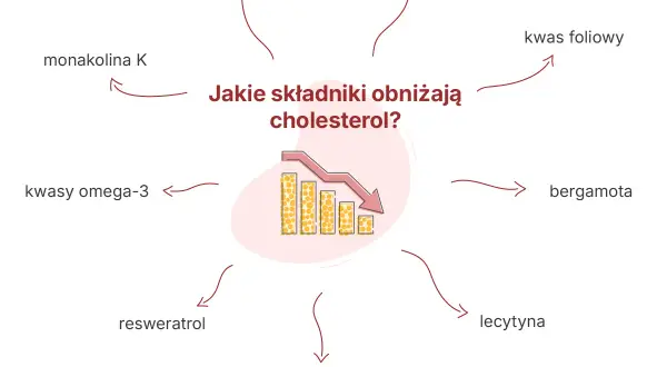 Monakolina K, choć skuteczna w obniżaniu cholesterolu, może mieć skutki uboczne. Grafika pokazuje inne składniki obniżające cholesterol.