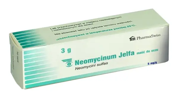 Opakowanie maści do oczu z antybiotykiem Neomycinum Jelfa. Lek zawiera neomycyny sulfas, 5 mg/g.