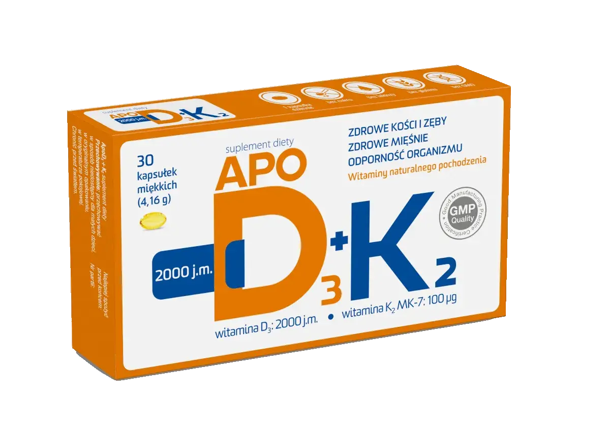 APO D₃+K₂ - najlepsza witamina d dla zdrowych kości i zębów, mięśni oraz odporności. 30 kapsułek.
