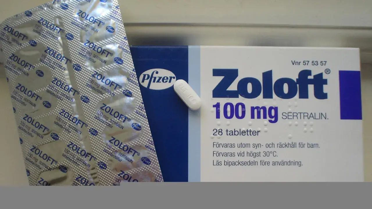 Opakowanie i blister leku Zoloft 100 mg sertraliny, stosowanego na depresję i inne zaburzenia.