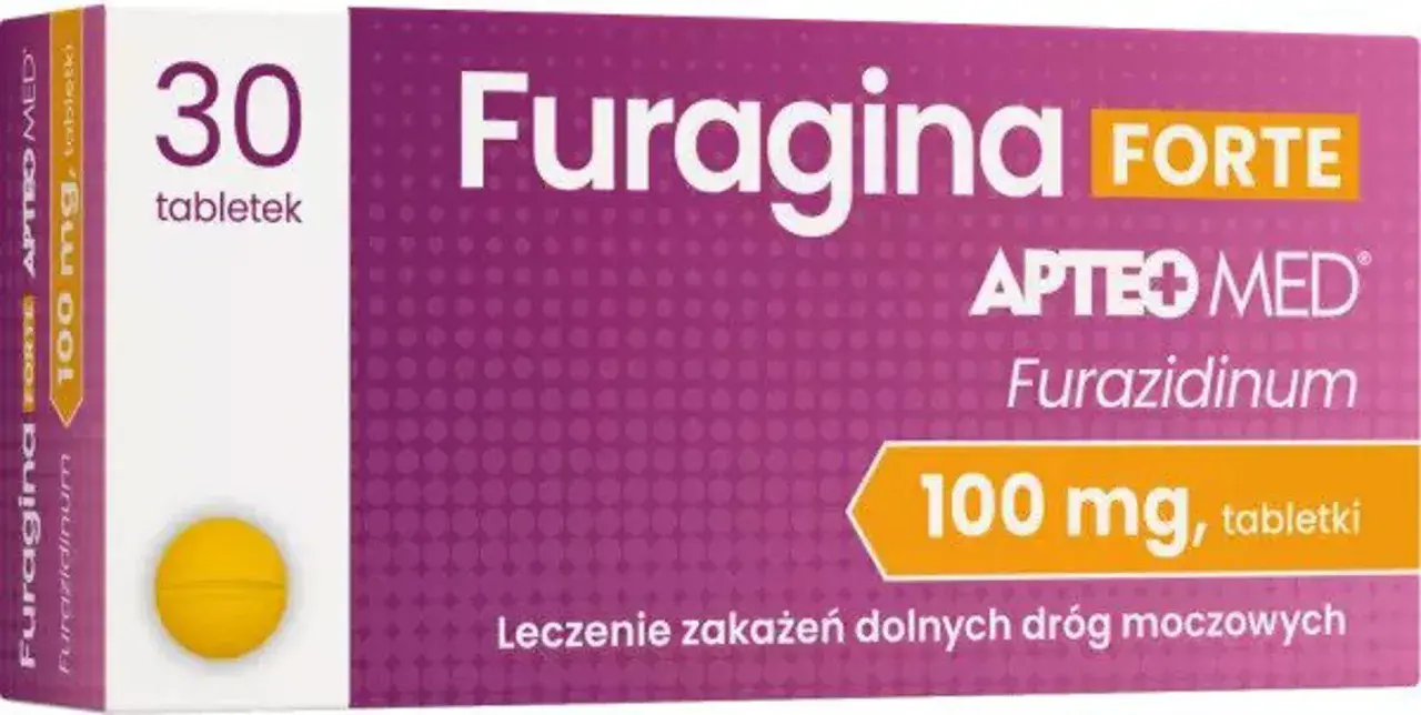 Opakowanie Furagina Forte 100 mg, 30 tabletek. Leczenie zakażeń dróg moczowych. Informacje o furagina forte dawkowanie na opakowaniu.