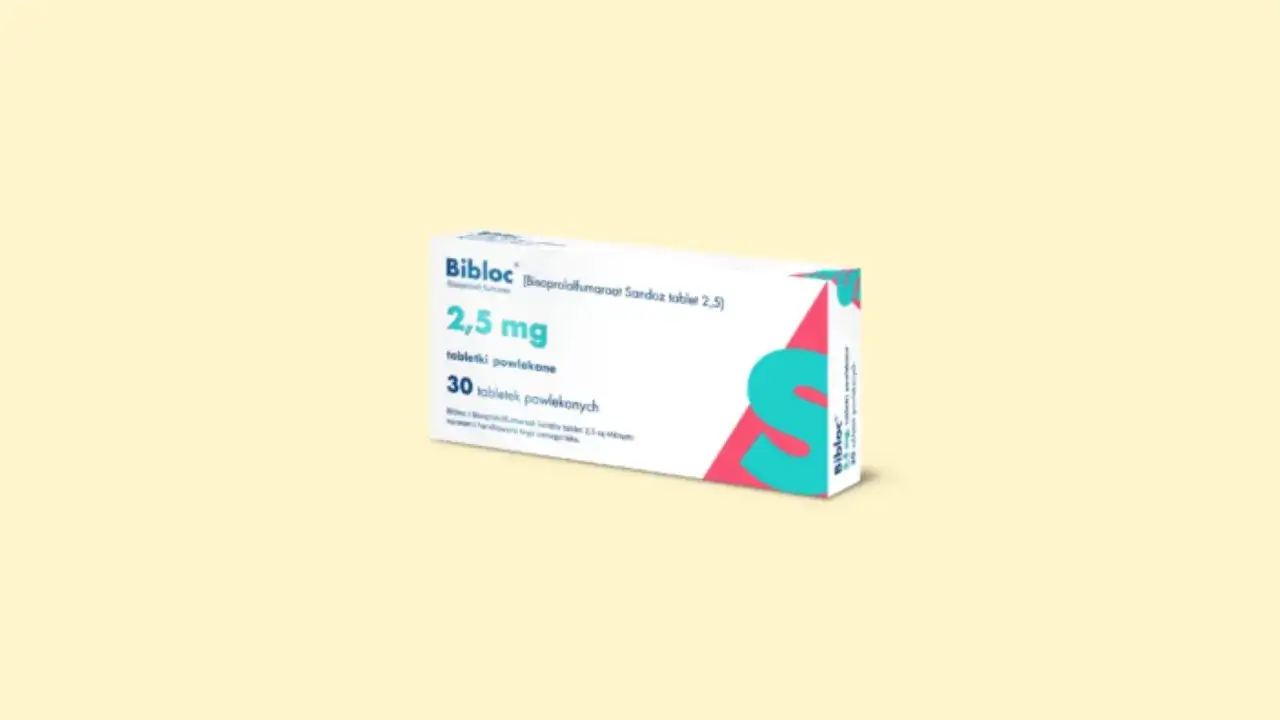 Opakowanie leku Bibloc 2,5 mg, zawierające 30 tabletek powlekanych. Stosowany na nadciśnienie i inne schorzenia serca.