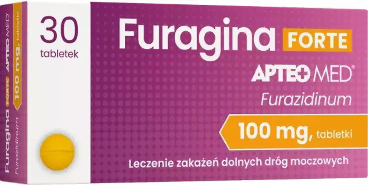 Opakowanie Furagina Forte 100 mg, 30 tabletek. Leczenie zakażeń dróg moczowych. Informacje o furagina forte dawkowanie na opakowaniu.