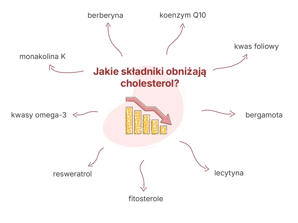 Monakolina K, choć skuteczna w obniżaniu cholesterolu, może mieć skutki uboczne. Grafika pokazuje inne składniki obniżające cholesterol.