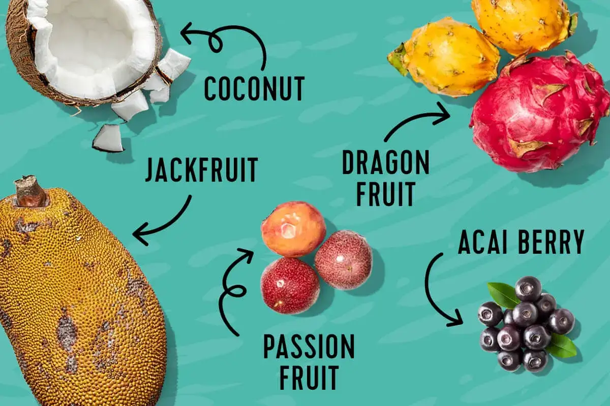 Odkryj egzotyczne owoce: kokos, jackfruit, smoczy owoc, marakuję i jagody acai. Co to jest acai? To małe, ciemne jagody pełne zdrowia!