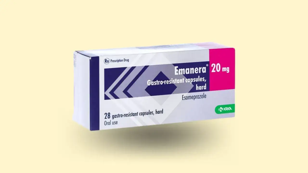 Opakowanie leku Emanera 20 mg, zawierające 28 kapsułek gastroopornochłonnych. Na co? Na problemy z żołądkiem.