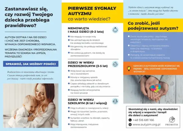 Jak zdiagnozować ADHD? Ulotka przedstawia sygnały autyzmu u dzieci w różnym wieku i podpowiada, co robić, gdy masz podejrzenia.