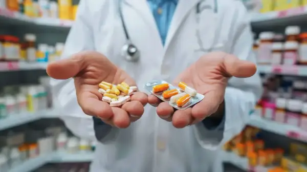 Farmaceuta trzyma w dłoniach tabletki i kapsułki w blistrze.